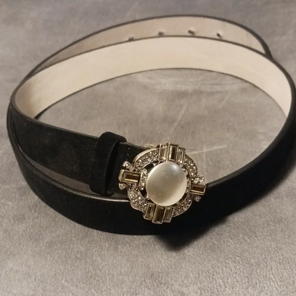 White House Black Market Black Belt with Pearl and Crystal Center Buckle